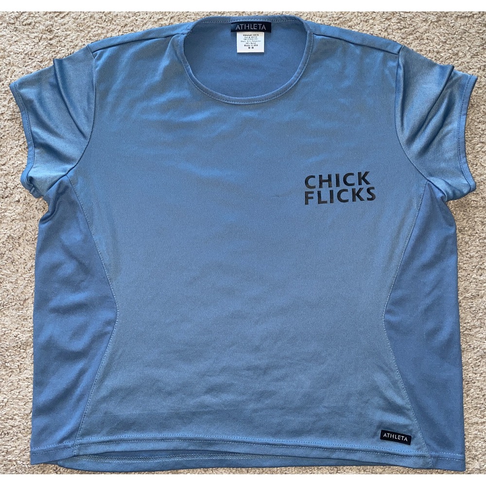 Athleta Women Work Out‎ Shirt T-Shirt Blue Short Sleeve Size Medium Chick Flicks